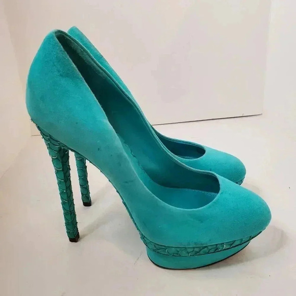 Brian Atwood Turquoise Mermaid Platforms Pumps 8 - Picture 7 of 8
